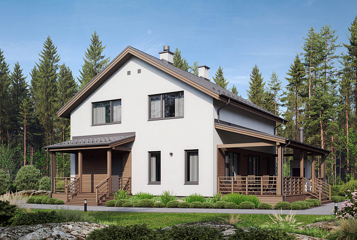 Проект дома с просторной дневной зоной, барбекю на террасе и тремя спальнями на мансарде