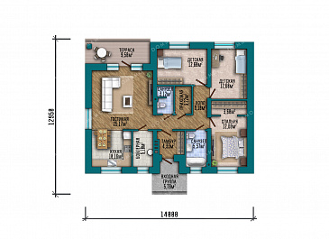 Проект квадратного одноэтажного дома с отделкой декоративной штукатуркой, террасой под общей вальмовой крышей и большой совмещенной кухней-гостиной / План 1 этажа Проект квадратного одноэтажного дома с отделкой декоративной штукатуркой, террасой под общей вальмовой крышей и большой совмещенной кухней-гостиной / План 1 этажа