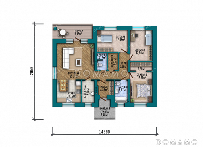 Проект квадратного одноэтажного дома с отделкой декоративной штукатуркой, террасой под общей вальмовой крышей и большой совмещенной кухней-гостиной / План 1 этажа Проект квадратного одноэтажного дома с отделкой декоративной штукатуркой, террасой под общей вальмовой крышей и большой совмещенной кухней-гостиной / План 1 этажа