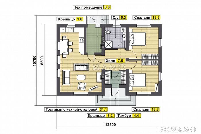 Проект дома с крыльцом со ступеньками, двумя спальнями, гостиной с кухней-столовой / План 1 этажа Проект дома с крыльцом со ступеньками, двумя спальнями, гостиной с кухней-столовой / План 1 этажа