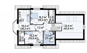 Проект одноэтажного мансардного дома из газобетона с кабинетом, эркером, балконом над ним и гаражом на два автомобиля / План мансардного этажа Проект одноэтажного мансардного дома из газобетона с кабинетом, эркером, балконом над ним и гаражом на два автомобиля / План мансардного этажа