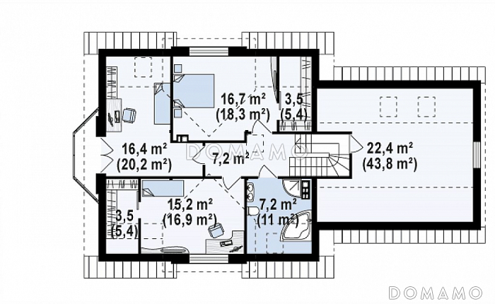 Проект одноэтажного мансардного дома из газобетона с кабинетом, эркером, балконом над ним и гаражом на два автомобиля / План мансардного этажа Проект одноэтажного мансардного дома из газобетона с кабинетом, эркером, балконом над ним и гаражом на два автомобиля / План мансардного этажа