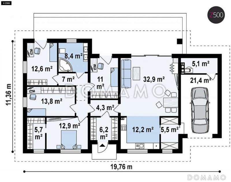 Проект комфортного одноэтажного дома из кирпича с четырьмя спальнями и гаражом / План 1 этажа