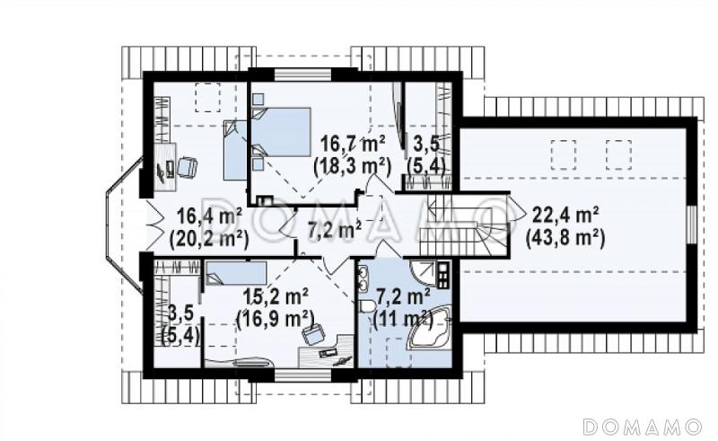 Проект одноэтажного мансардного дома из газобетона с кабинетом, эркером, балконом над ним и гаражом на два автомобиля / План мансардного этажа