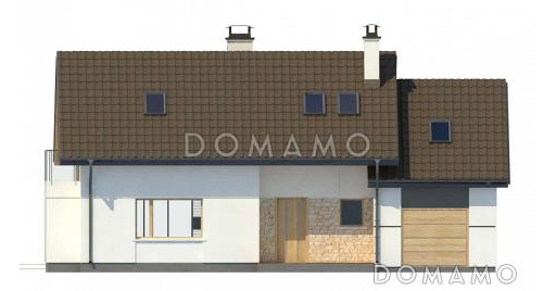 Проект одноэтажного мансардного дома из кирпича с просторной гостиной, гаражом и четырьмя спальнями / Фасад 2