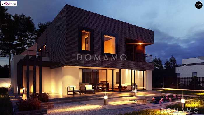 Проект современного двухэтажного дома из кирпича с плоской крышей,  с четырьмя спальнями, кабинетом и гаражом Проект современного двухэтажного дома из кирпича с плоской крышей,  с четырьмя спальнями, кабинетом и гаражом