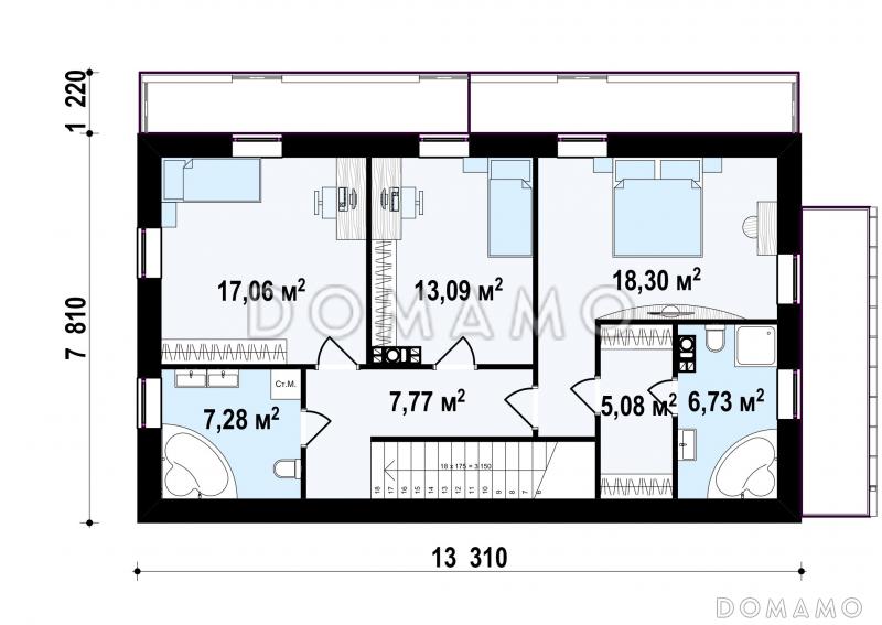 Проект двухэтажного дома из газобетона с двухскатной крышей с четырьмя комнатами и длинным общим балконом / План 2 этажа