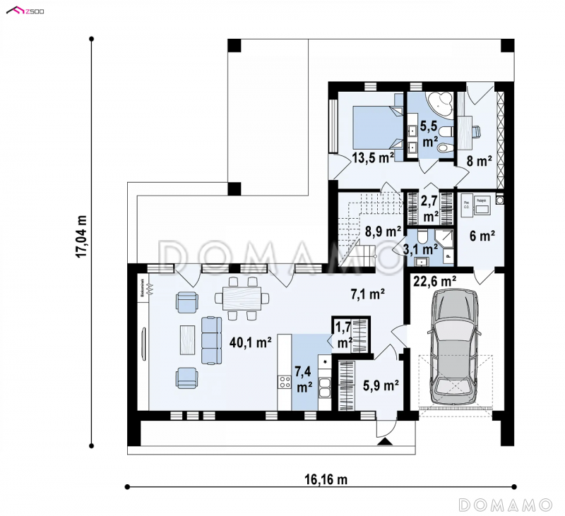 Проект дома с большой террасой на мансардном этаже и гаражом / План 1 этажа