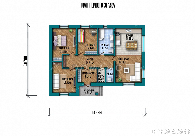 Проект одноэтажного дома с тремя спальнями / План 1 этажа Проект одноэтажного дома с тремя спальнями / План 1 этажа