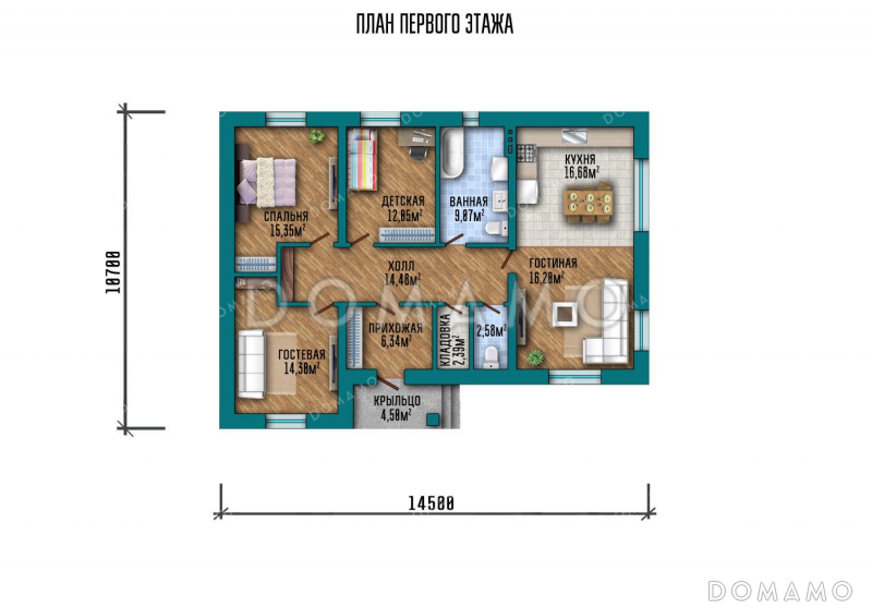 Проект одноэтажного дома с тремя спальнями / План 1 этажа