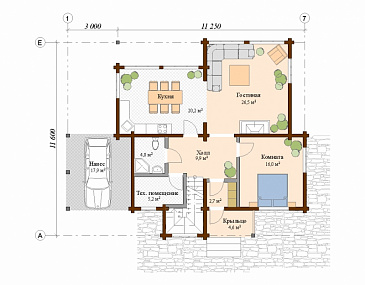 Проект двухэтажного дома из клееного бруса с навесом для авто / План 1 этажа Проект двухэтажного дома из клееного бруса с навесом для авто / План 1 этажа