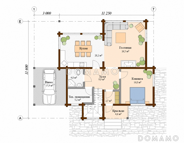 Проект двухэтажного дома из клееного бруса с навесом для авто / План 1 этажа Проект двухэтажного дома из клееного бруса с навесом для авто / План 1 этажа