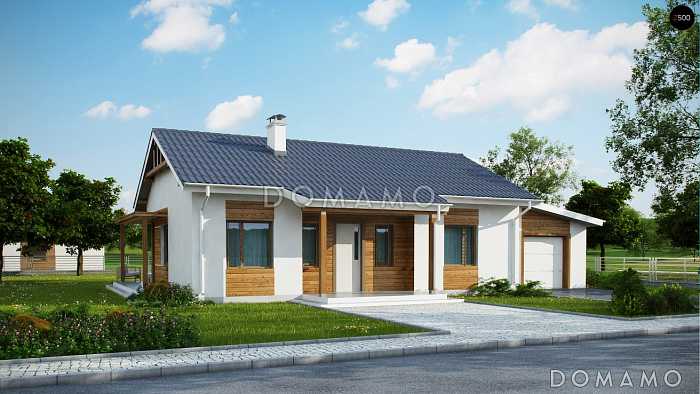 Проект компактного одноэтажного дома из кирпича с двумя спальнями с возможностью обустроить мансарду и гаражом