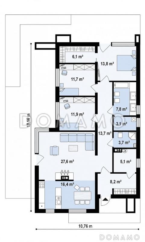 Проект одноэтажного дома из газобетона с плоской крышей, с угловым остеклением гостиной / План 1 этажа
