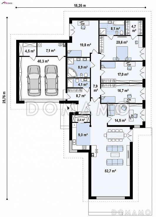 Проект большого одноэтажного дома из кирпича с четырьмя спальнями, гаражом и панорамным остеклением гостиной / План 1 этажа