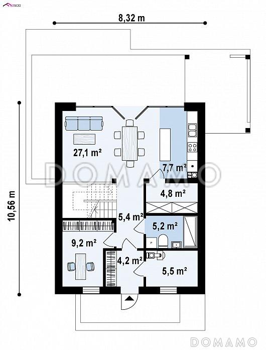 Проект одноэтажного мансардного дома из кирпича со вторым светом и панорамным остеклением гостиной / План 1 этажа