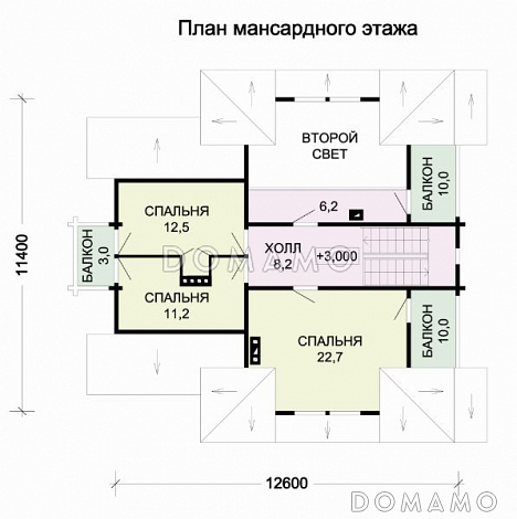 Проект деревянного дома с гаражом / План мансардного этажа Проект деревянного дома с гаражом / План мансардного этажа