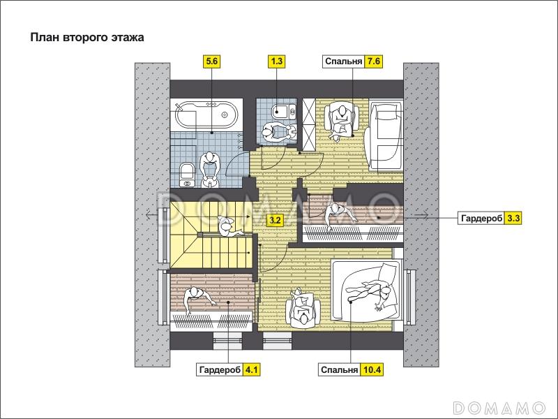 Проект дома с котельной в подвале, двумя кладовыми, спальнями с гардеробом / План мансардного этажа