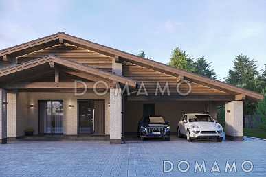 Проект современного дома с сауной, крытой террасой с барбекю, навесом для двух машин и 4 спальнями