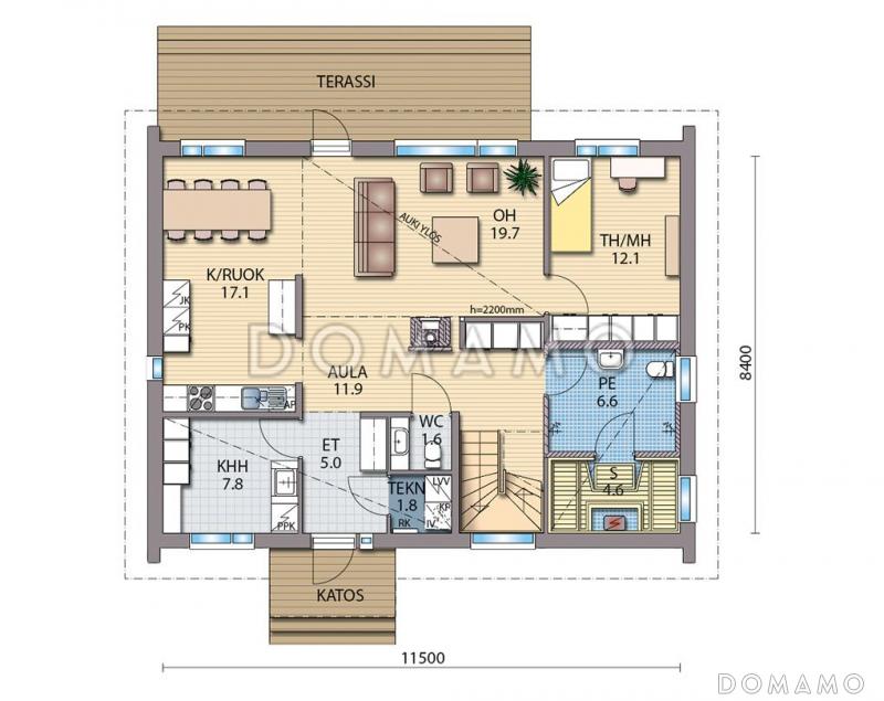 Проект каркасного дома с сауной до 200 м.кв / План 1 этажа