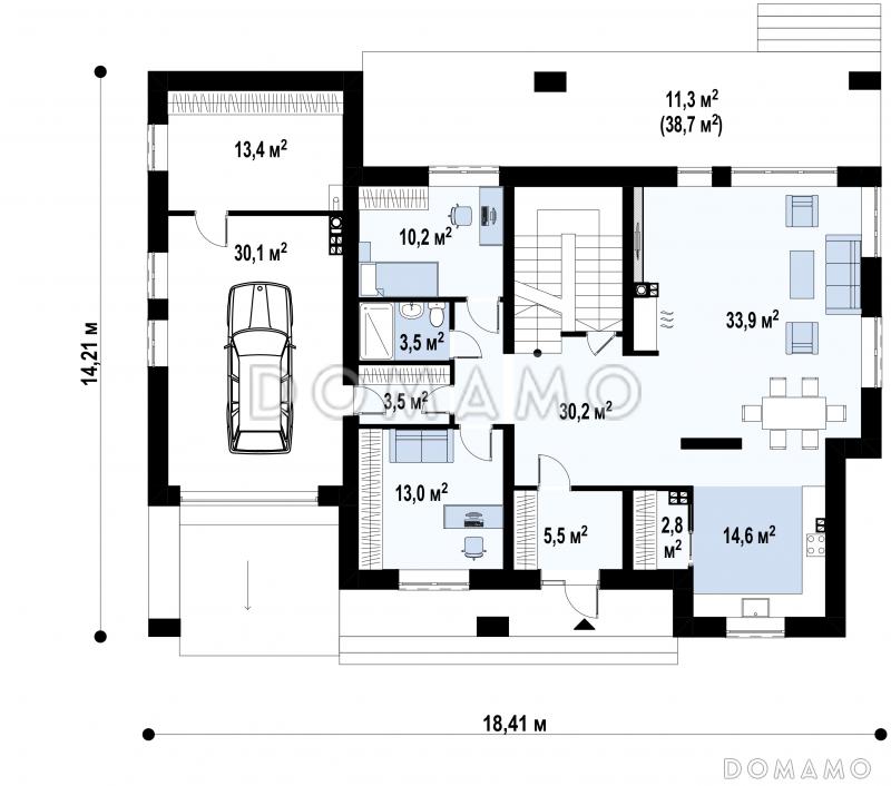 Проект загородного дома с подвалом, гаражом, двумя спальнями на первом этаже, мастер-спальней на втором этаже / План 1 этажа