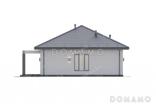 Проект компактного одноэтажного дома с вальмовой кровлей, крытой террасой, тремя спальнями и большой открытой зоной кухни-гостиной / Фасад 1