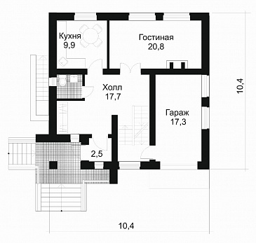 Проект дома из кирпича с небольшой кухней / План 1 этажа Проект дома из кирпича с небольшой кухней / План 1 этажа