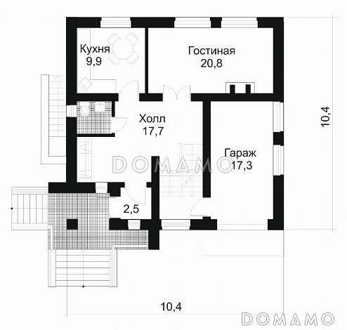 Проект дома из кирпича с небольшой кухней / План 1 этажа Проект дома из кирпича с небольшой кухней / План 1 этажа