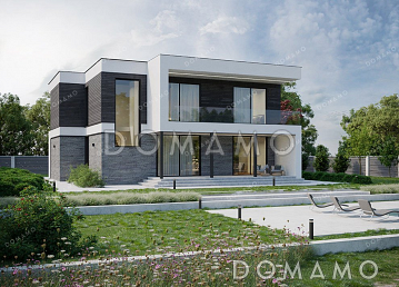 Проект двухэтажного дома с большой террасой и плоской крышей Проект двухэтажного дома с большой террасой и плоской крышей