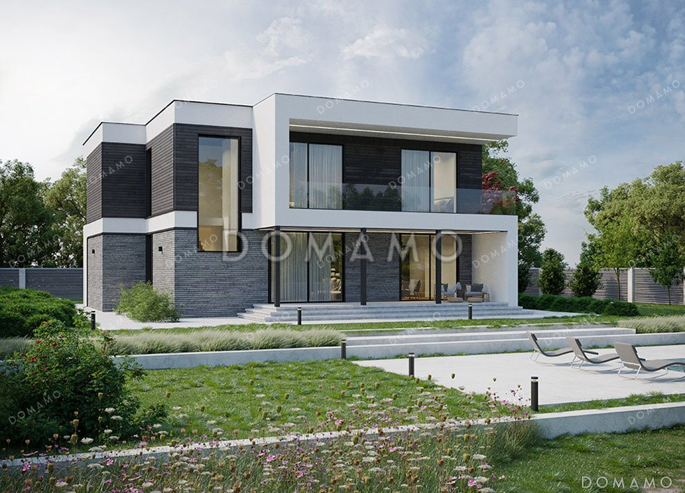 Проект двухэтажного дома с большой террасой и плоской крышей / 1