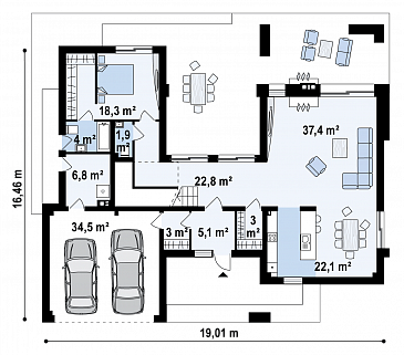 Проект современного просторного двухэтажного дома из кирпича с гаражом и просторными террасами на обоих уровнях / План 1 этажа