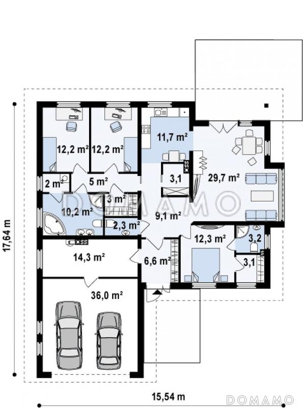 Проект одноэтажного дома из газобетона с окнами до пола в дневной и ночной зоне и с большим гаражом и техническим помещением / План 1 этажа