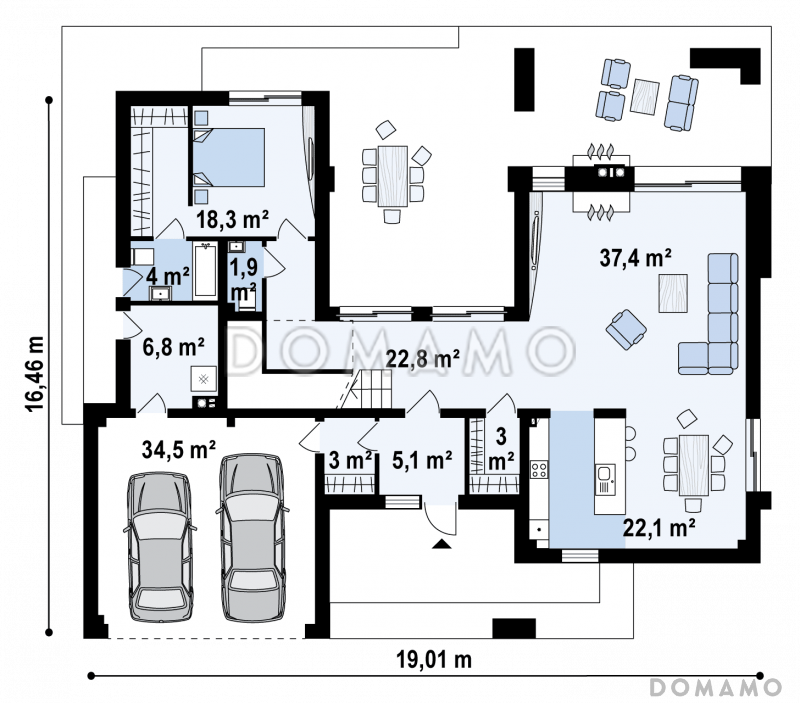 Проект современного просторного двухэтажного дома из кирпича с гаражом и просторными террасами на обоих уровнях / План 1 этажа