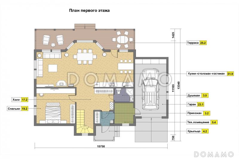 Проект каркасного дома с эркером и гаражом для одной машины / План 1 этажа