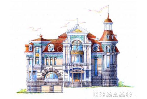 Проект романтичного коттеджа с гаражом и башенкой / Фасад 1