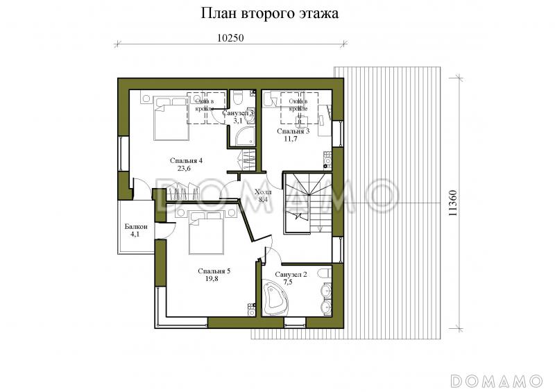 Проект двухэтажного дома из газобетона с двускатной крышей с подвалом, террасой и балконом / План 2 этажа