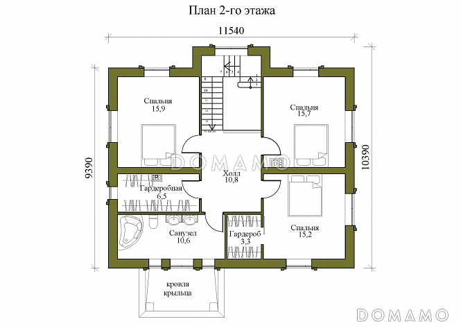 Проект двухэтажного дома с камином в гостиной и тремя спальнями / План 2 этажа