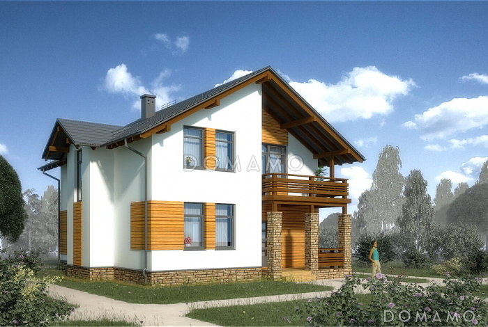 Проект белого дома с эркером кухни и серой кровлей Проект белого дома с эркером кухни и серой кровлей