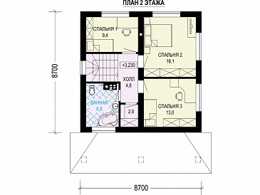 Проект загородного дома с комнатой на первом этаже, санузлом под лестницей, террасой / План 2 этажа Проект загородного дома с комнатой на первом этаже, санузлом под лестницей, террасой / План 2 этажа