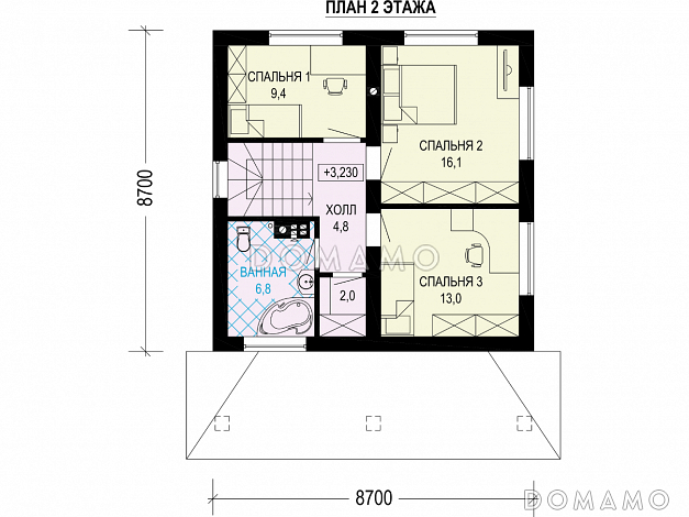 Проект загородного дома с комнатой на первом этаже, санузлом под лестницей, террасой / План 2 этажа Проект загородного дома с комнатой на первом этаже, санузлом под лестницей, террасой / План 2 этажа