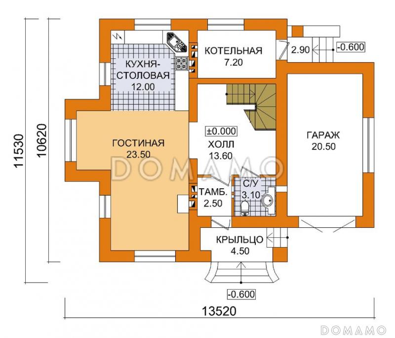 Проект дома из пеноблоков с гаражом / План 1 этажа