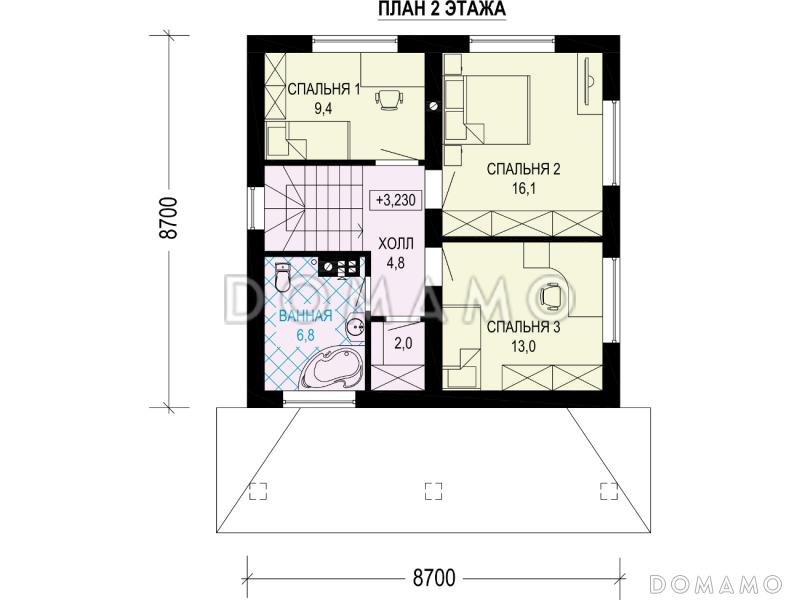 Проект загородного дома с комнатой на первом этаже, санузлом под лестницей, террасой / План 2 этажа