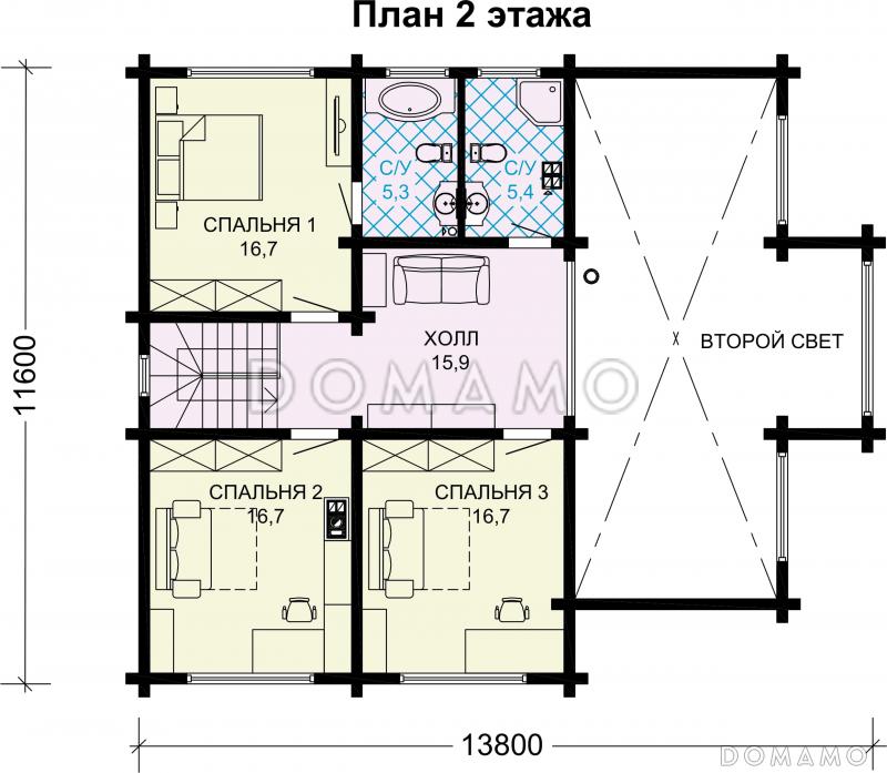 Проект деревянного дома с 4 спальнями и вторым светом в гостиной-столовой / План мансардного этажа