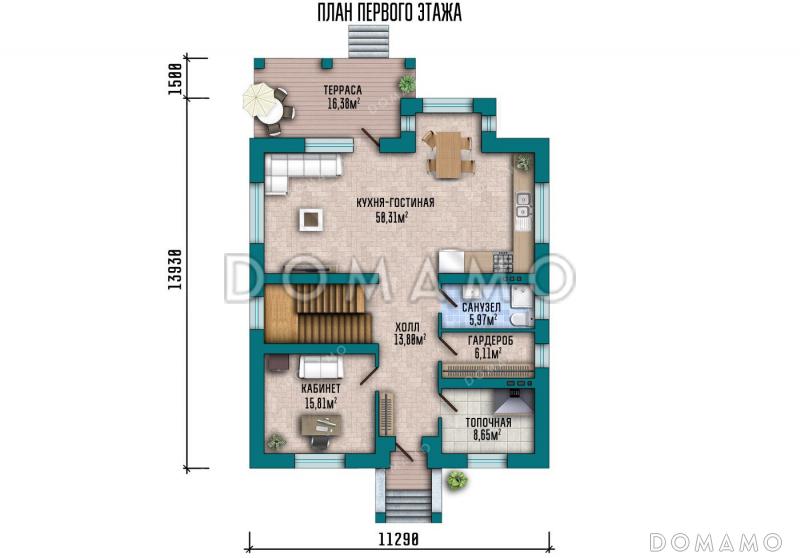 Проект двухэтажного дома с террасой, 3 спальнями и кабинетом / План 1 этажа