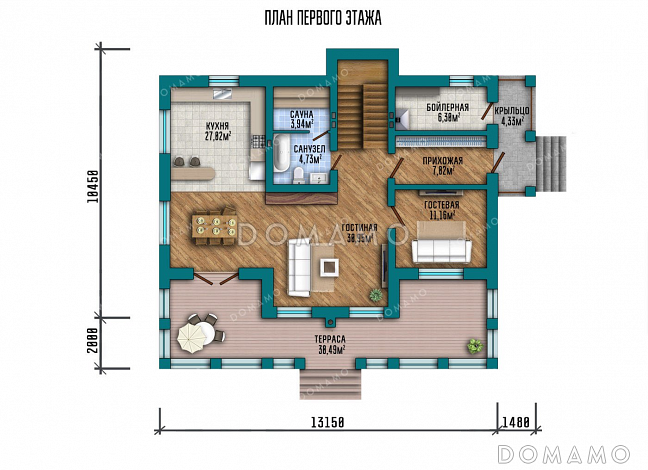 Проект одноэтажного дома с мансардой и террасой / План 1 этажа