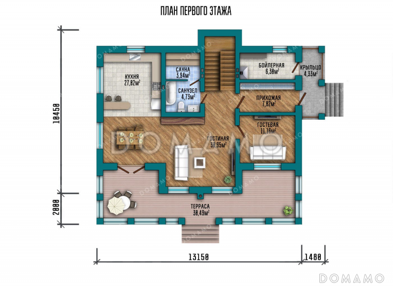Проект одноэтажного дома с мансардой и террасой / План 1 этажа