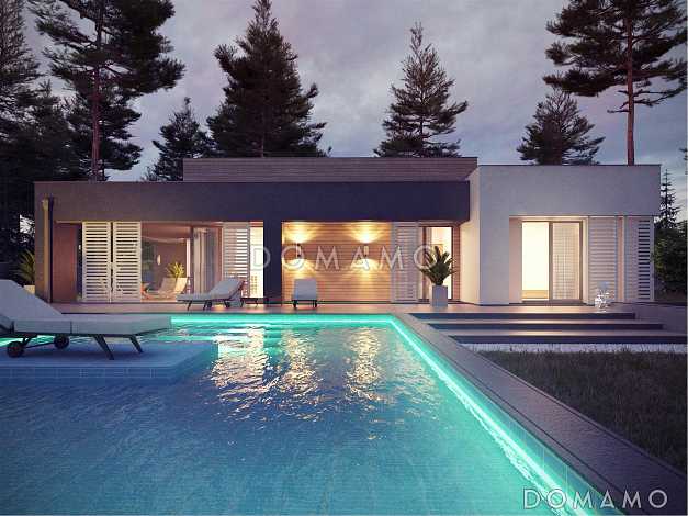 Проект одноэтажного дома с плоской крышей, большой террасой Проект одноэтажного дома с плоской крышей, большой террасой