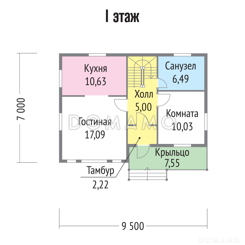 Проект каркасного дома  тремя отдельными комнатами на втором этаже / План 1 этажа
