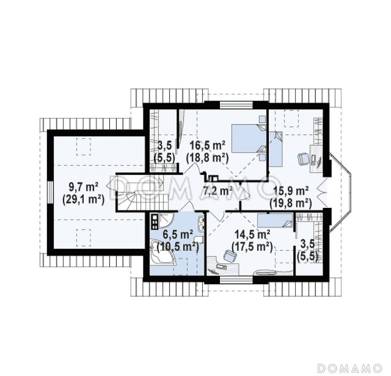 Проект одноэтажного мансардного дома из газобетона с кабинетом, эркером, балконом над ним и гаражом / План мансардного этажа