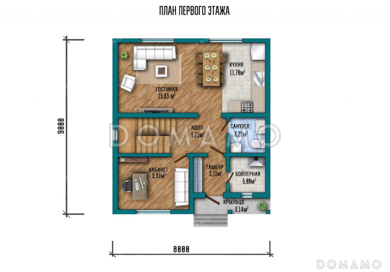 Проект одноэтажного дома с мансардой и балконом / План 1 этажа